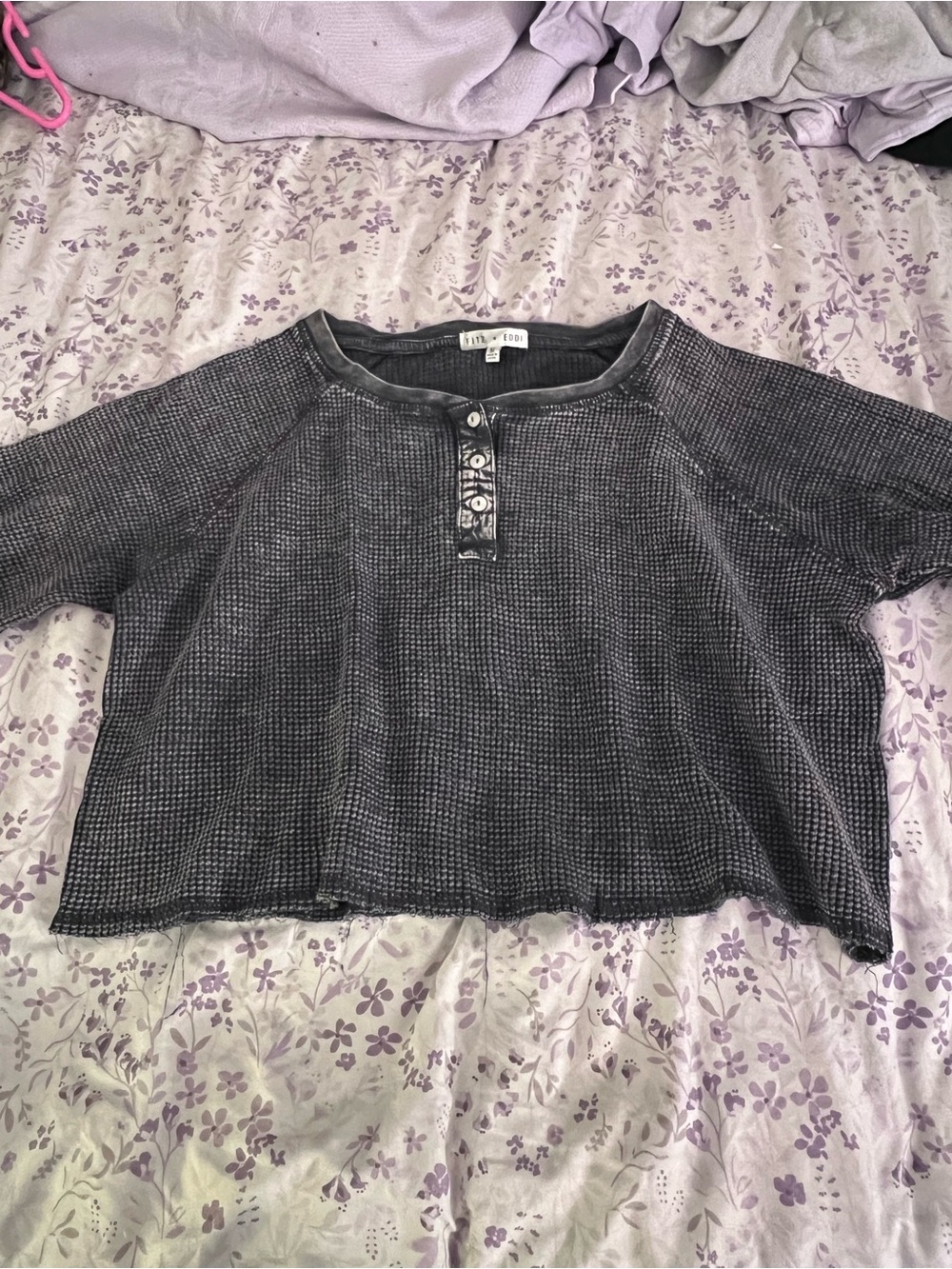 Free People Black Waffle Knit Short Sleeve Henley Tee